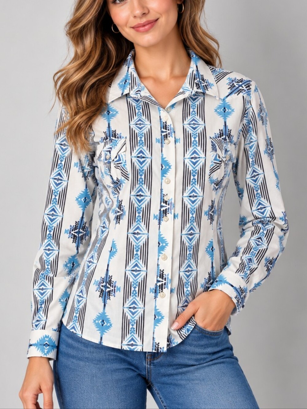 VTG PANHANDLE SLIM Icy Blue Southwestern Aztec Cowgirl Long Sleeve Snap Shirt